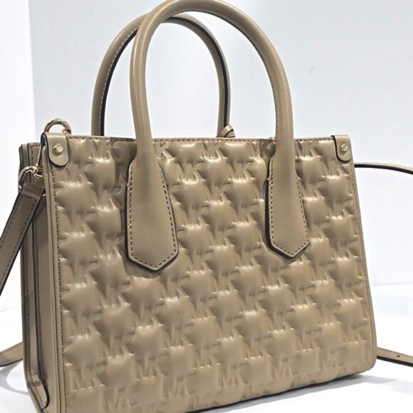 NWT ✅  Michael Kors MAPLE Small MK Embossed Leather Satchel CAMEL (Taupe) ✨NWT - Picture 5 of 14